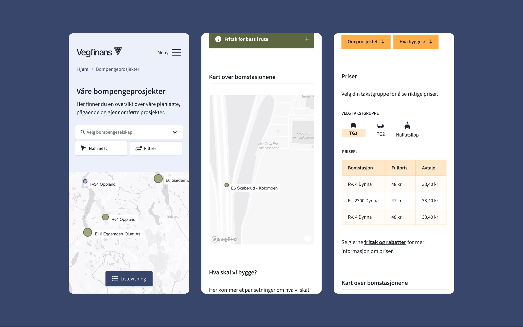 Skjermbilder av en nettside som viser kart og tabell for bompengetakster