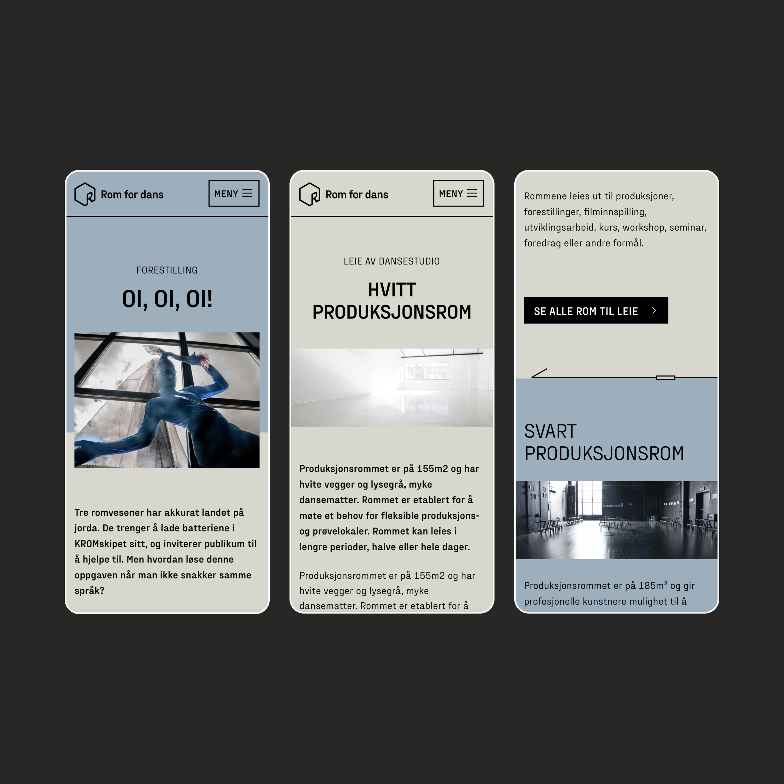 en telefonskjerm viser tre forskjellige versjoner av rom for dans nettsiden