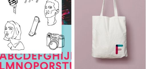 Eksempler på designprofilen i bruk. Viser illustrasjonsstilen til Frifond og totebag med logo på.