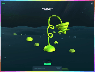 Skjermbilde av nettside for en Hulu-kampanje, viser et 3D landskap og 3D-blomst med teksten "Pick a flower to share".