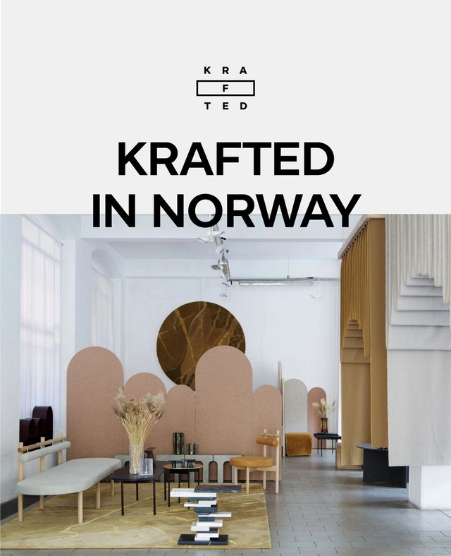 Logoen til Krafted, bilde av møblene deres og teksten "Krafted in Norway"