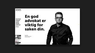 Screenshot fra nettsiden til Advokatfirmaet Staff. Tittelen er "En god advokat er viktig for saken din", sammen med et portrett av en advokat.