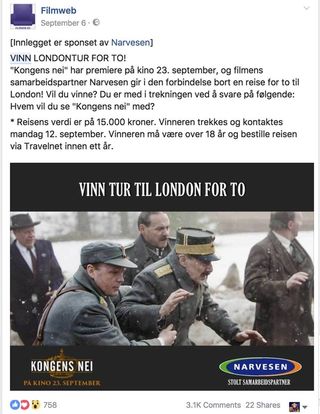 Eksempel fra FilmWeb sin facebook konkurranse: Vinn tur for to til London