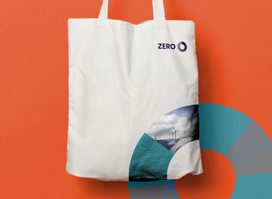 Handlenett som viser hvordan hjulet i Zero-logoen kan brukes som et designelement. Har ogsÄ et bilde av vindmÞller i hjulet.
