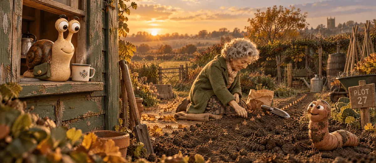 Plot 27 on a late October afternoon: Nanny Joan kneeling at a freshly planted row of onion sets, a very muddy Wally the worm at the end of the row, and Eric the snail at the shed window beside a mug of tea.