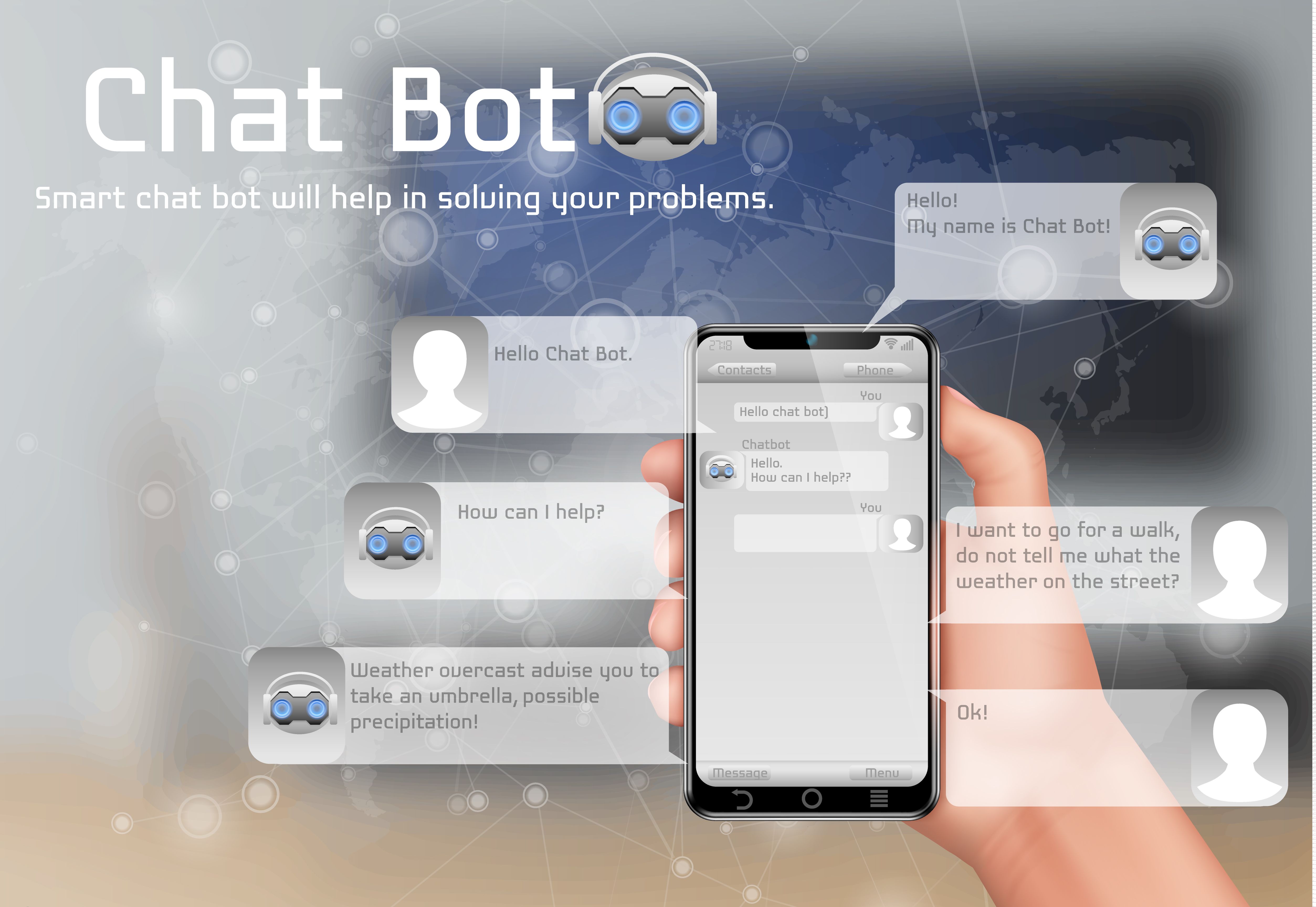 a hand holding a smart phone with chat bots on it