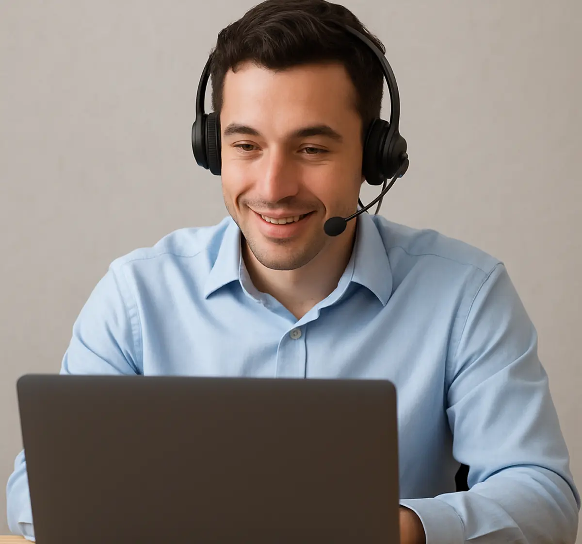 a man wearing a headset and using a laptop