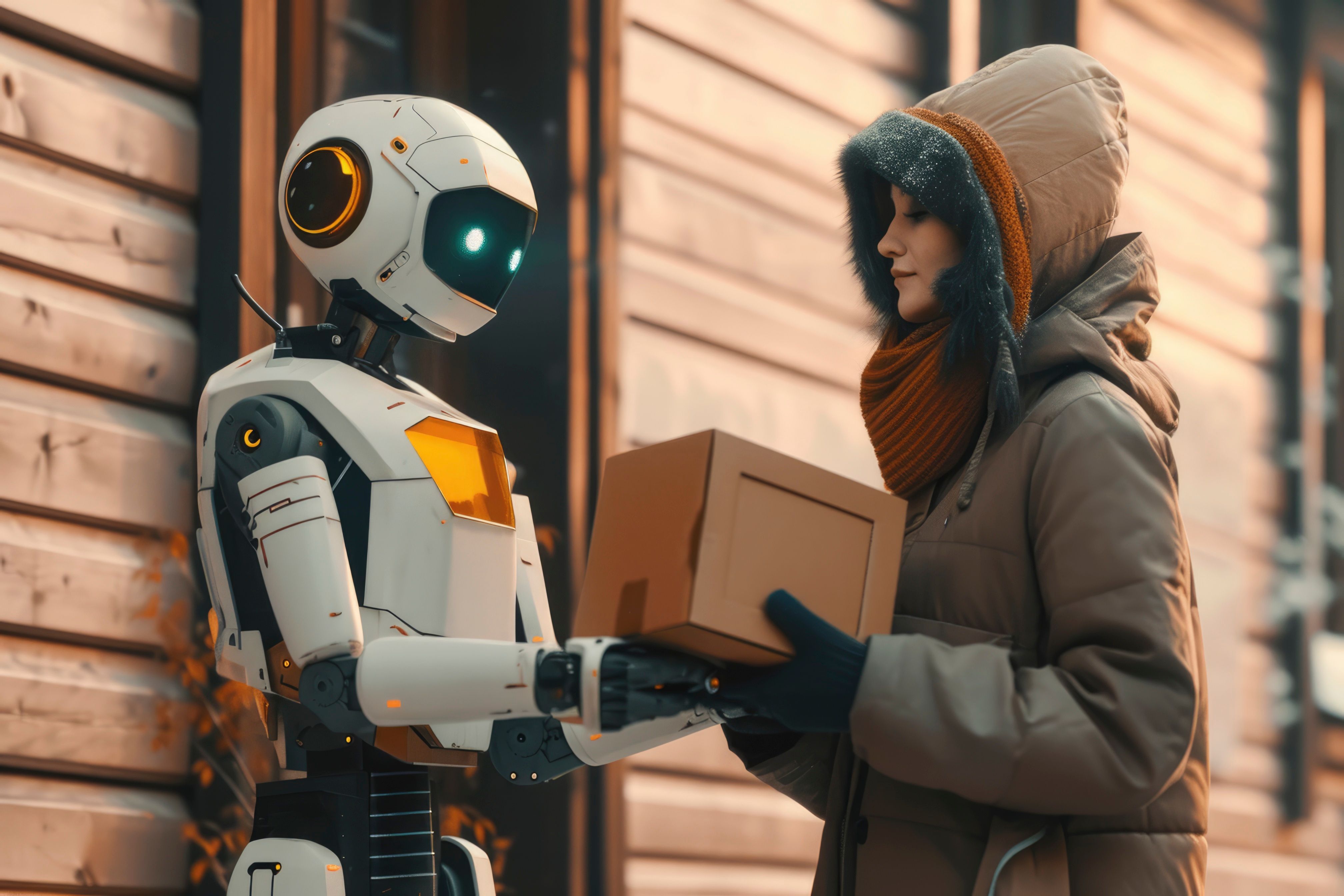 a woman holding a box next to a robot