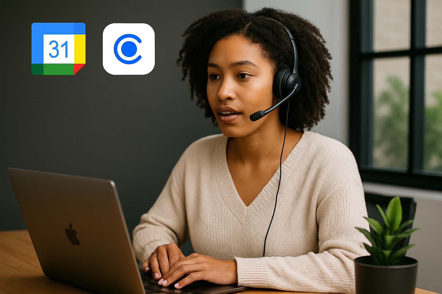 a woman wearing a headset sitting in front of a laptop