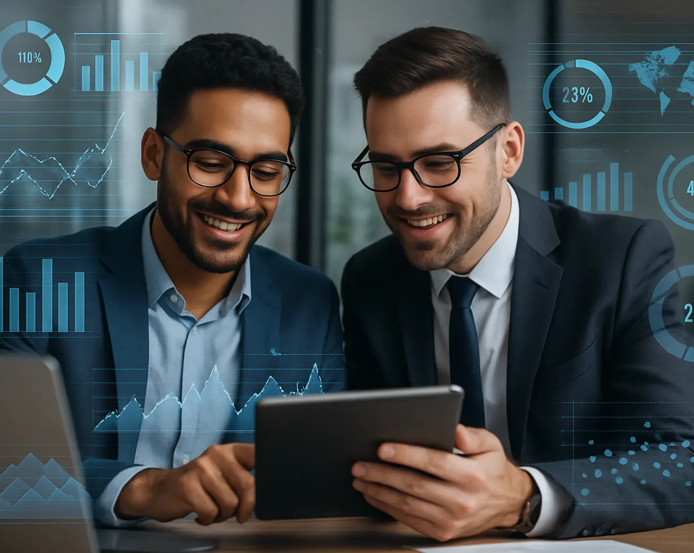 two men in business attire looking at a tablet
