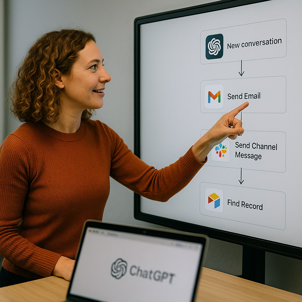 a woman pointing at a whiteboard with a laptop on it