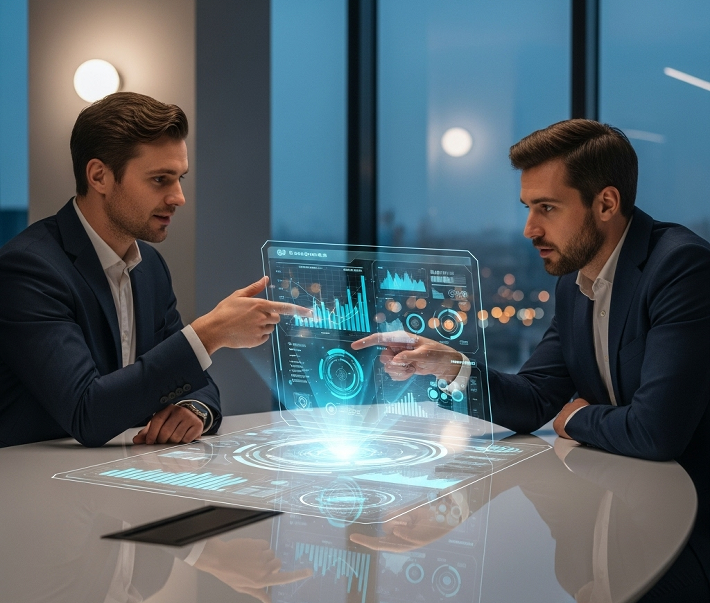 a couple of men sitting at a table in front of a tablet