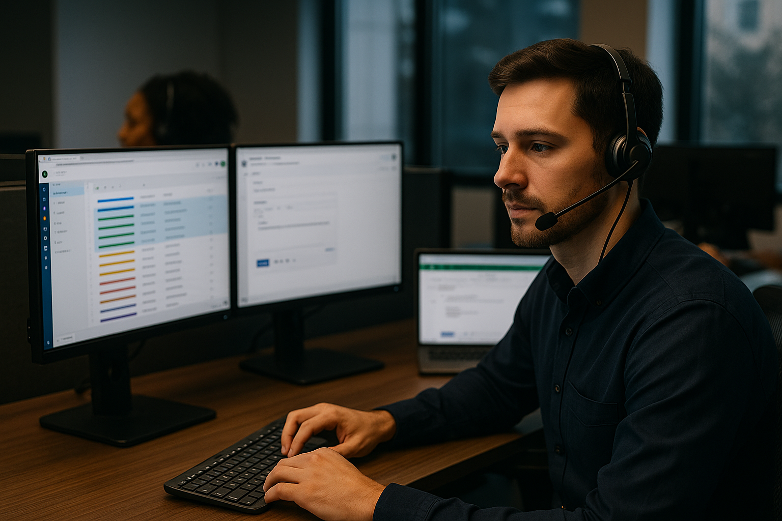 a man wearing a headset sitting in front of two computer monitors