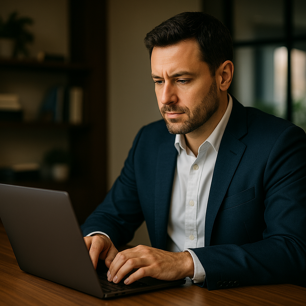a man sitting in front of a laptop computer