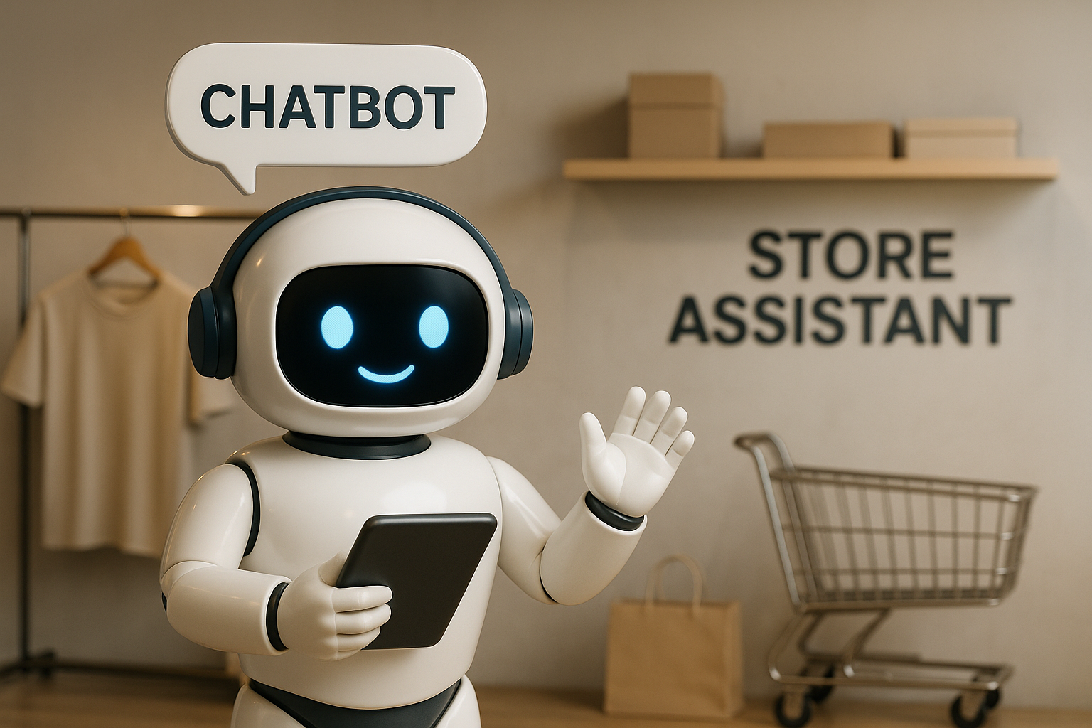 a robot holding a tablet and a shopping cart