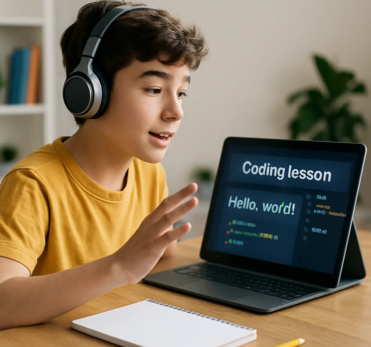 a young boy wearing headphones sitting in front of a laptop