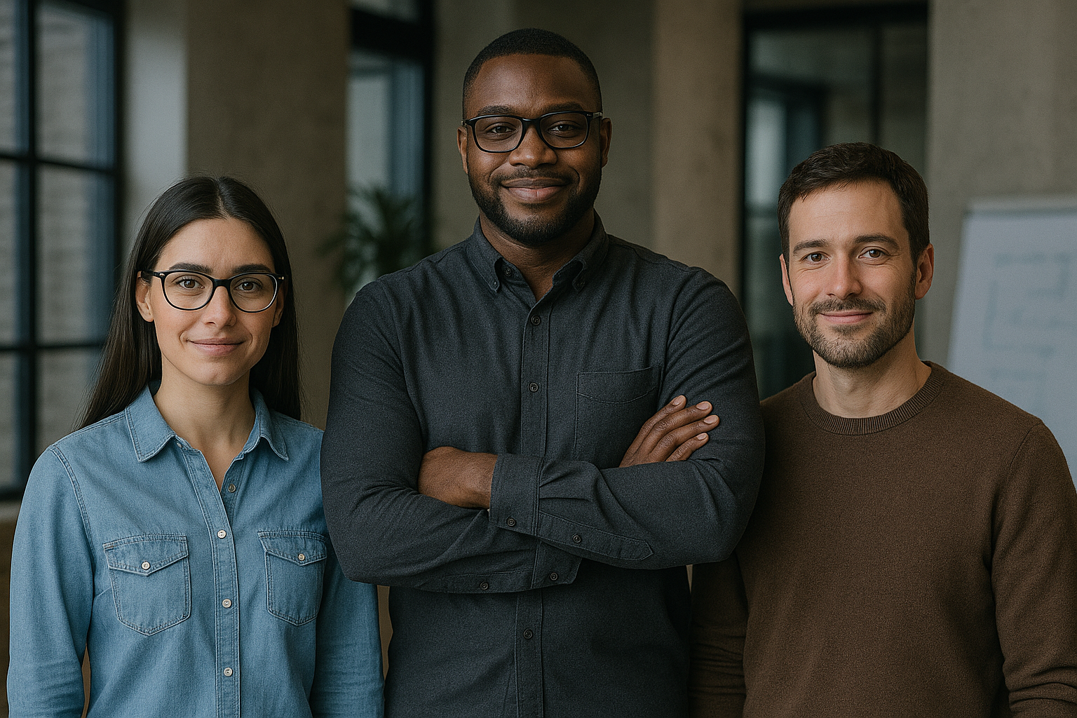 a group of three people standing next to each other