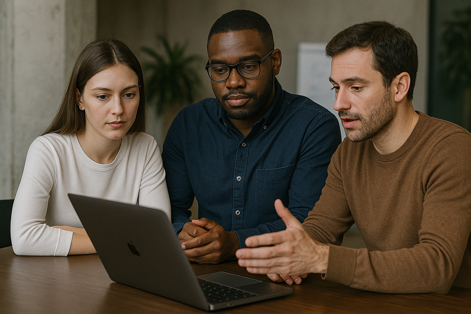 two men and a woman looking at a laptop