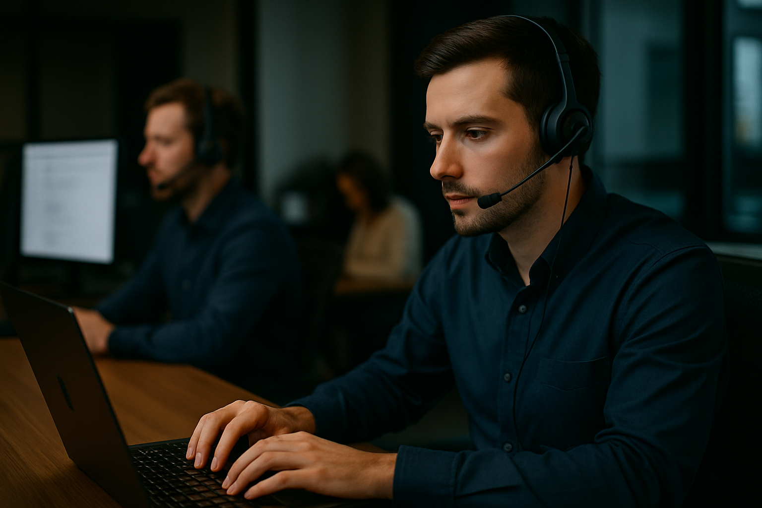 a man wearing a headset and using a laptop