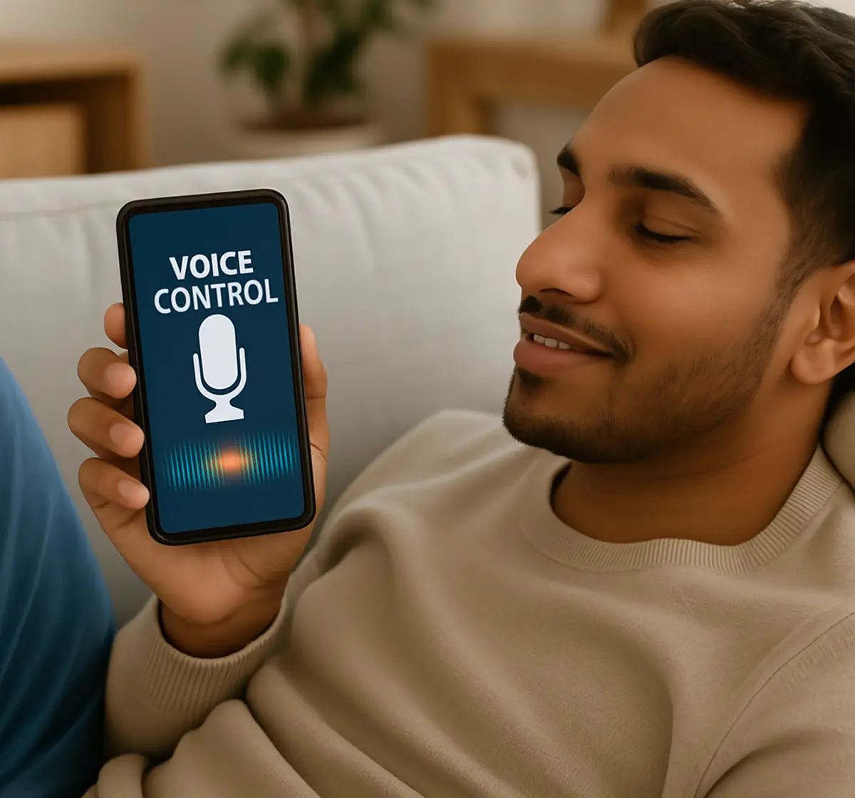 a man sitting on a couch holding a cell phone