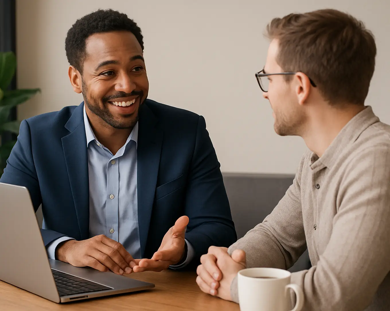 a couple of men sitting at a table with a laptop