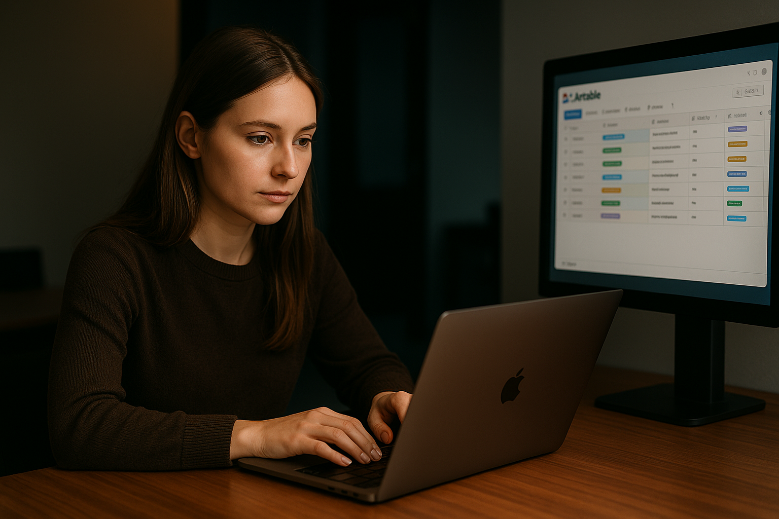a woman sitting in front of a laptop computer