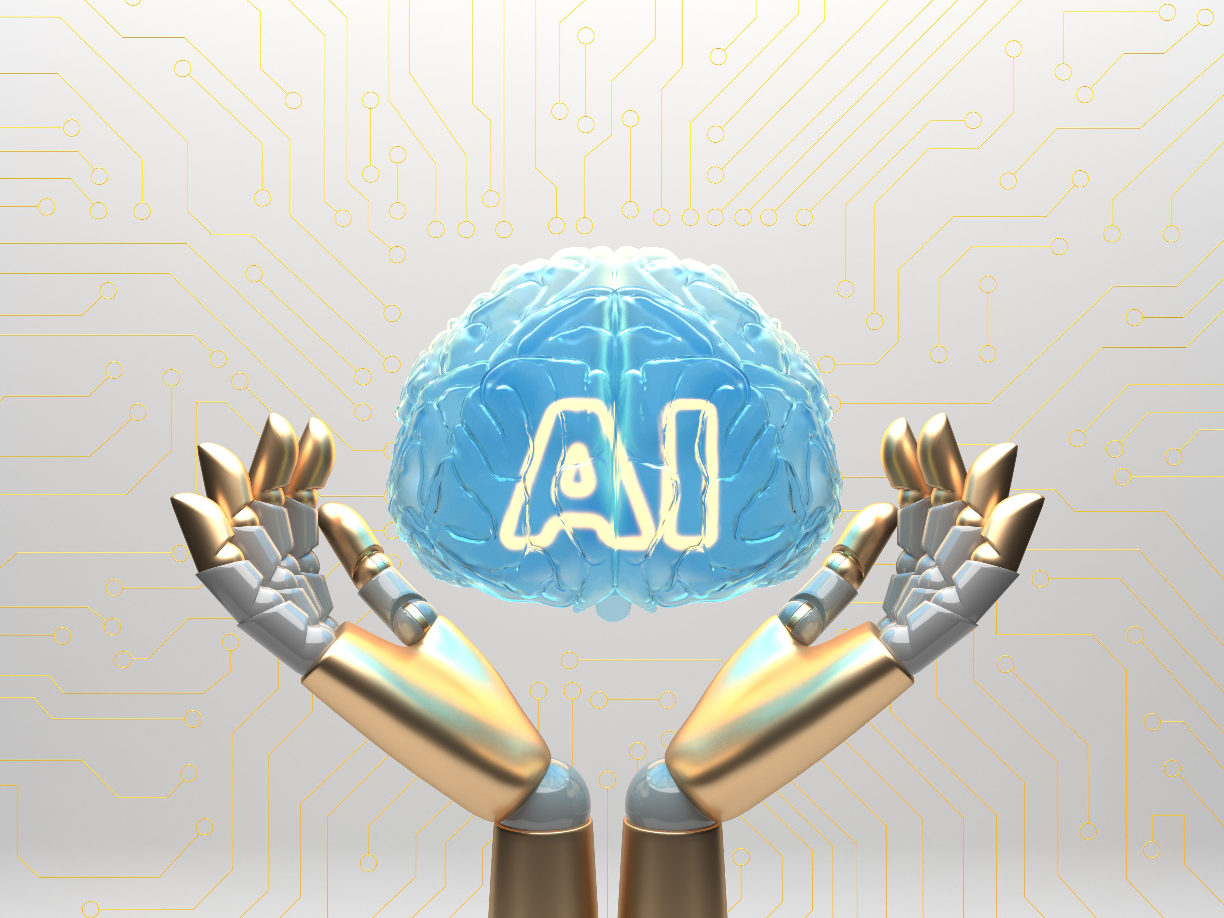 a robot hand holding a blue brain in front of a circuit board