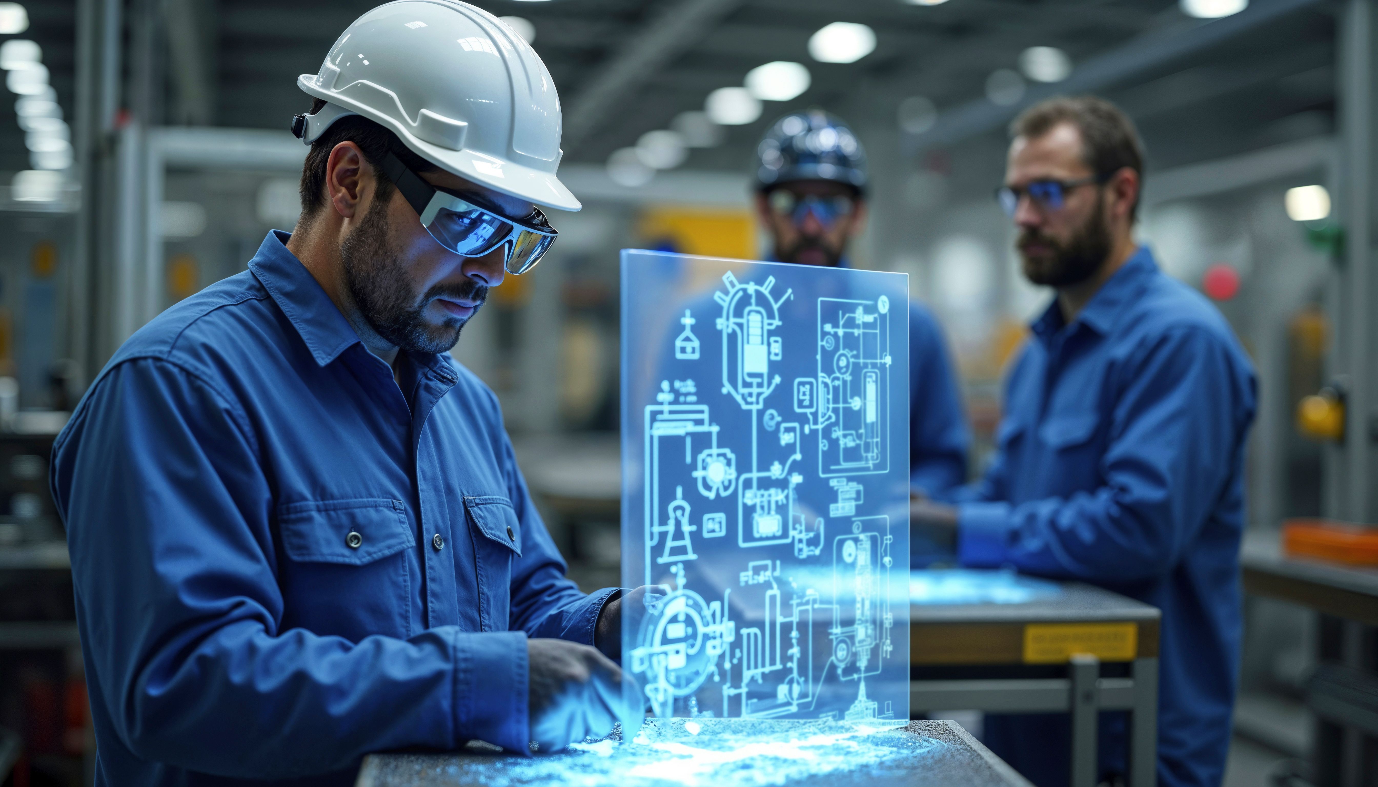 two men in blue work in a factory