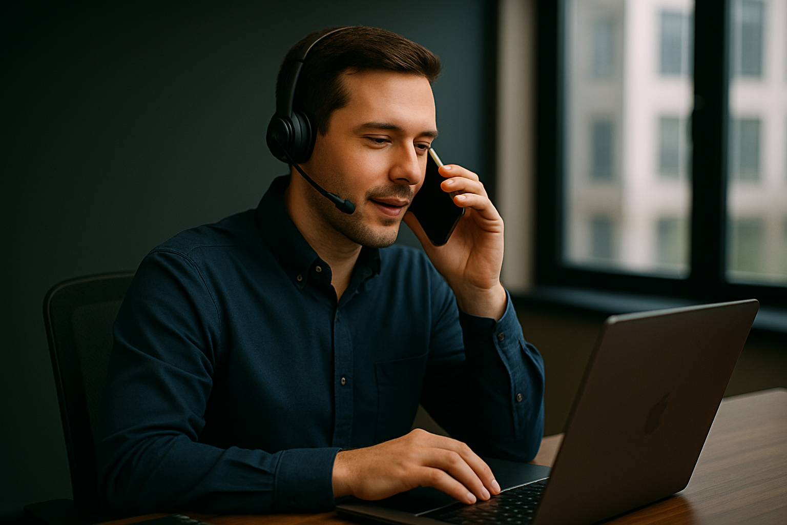 a man sitting at a desk with a laptop and a phone to his ear
