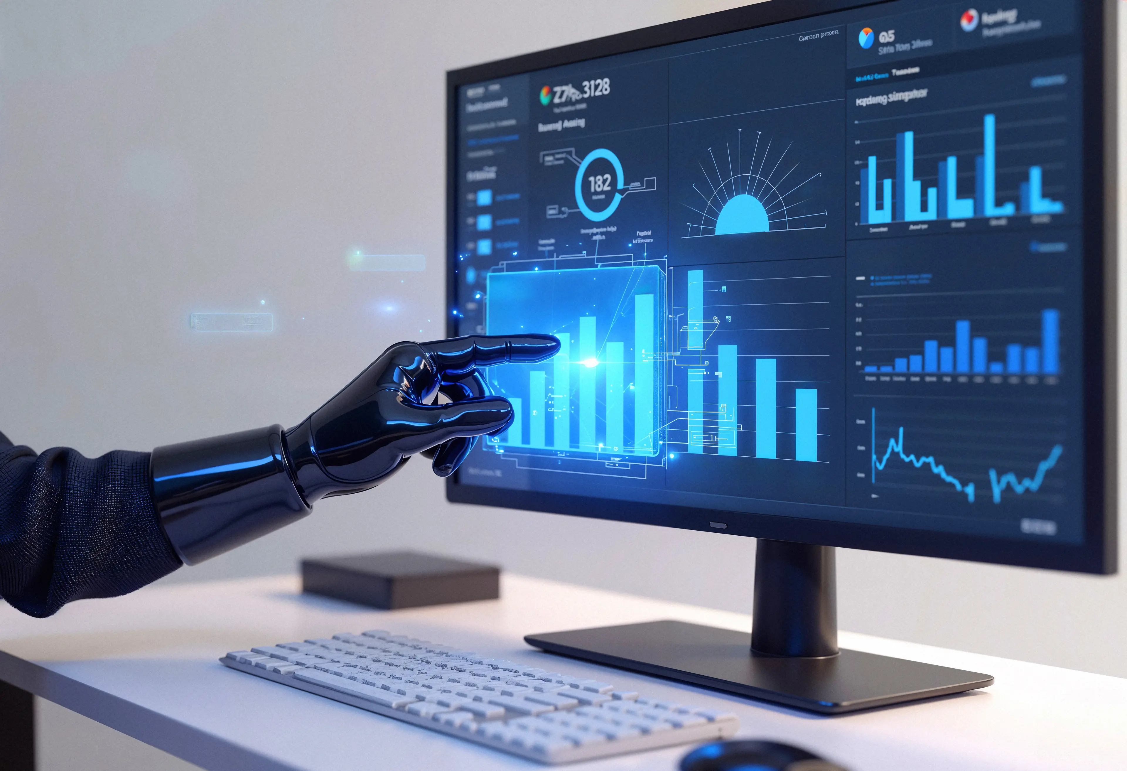 a robot touching a computer screen with his hand
