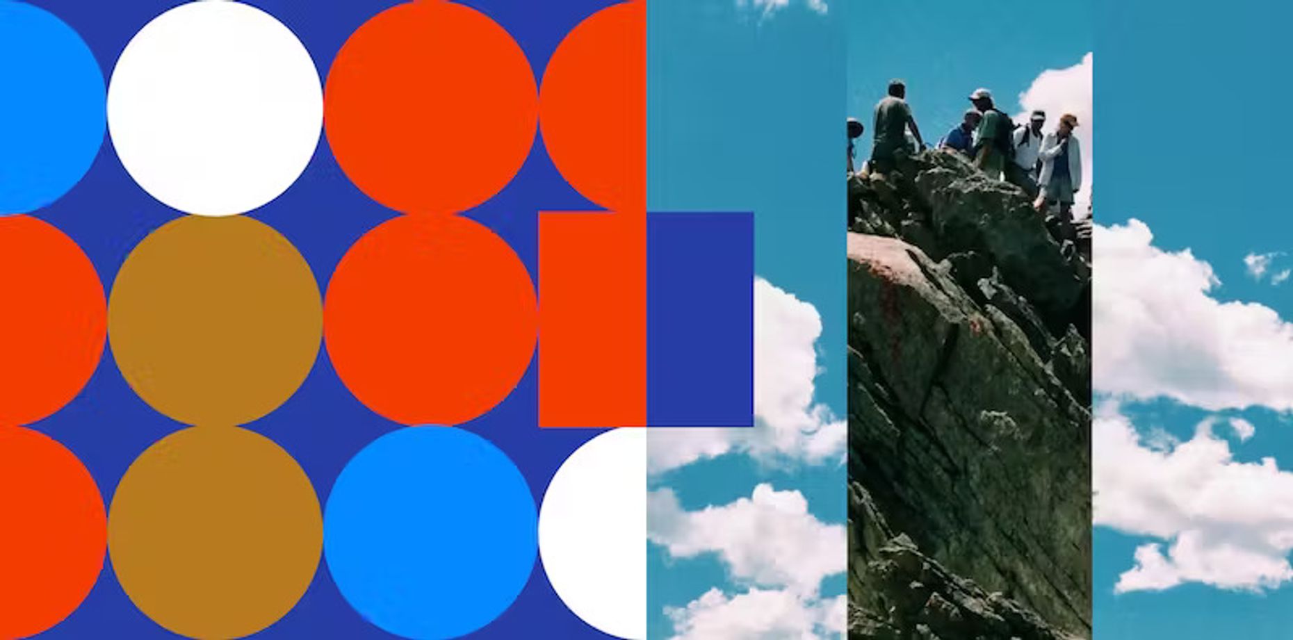 A blue sky with clouds and people on the peak of a rocky mountain