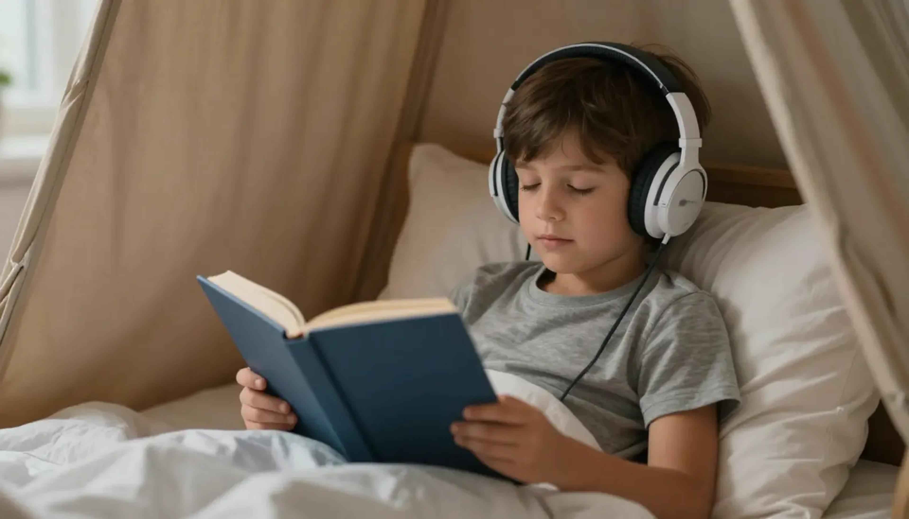 A calm child listening to a personalized audio story with closed eyes, focusing intently.
