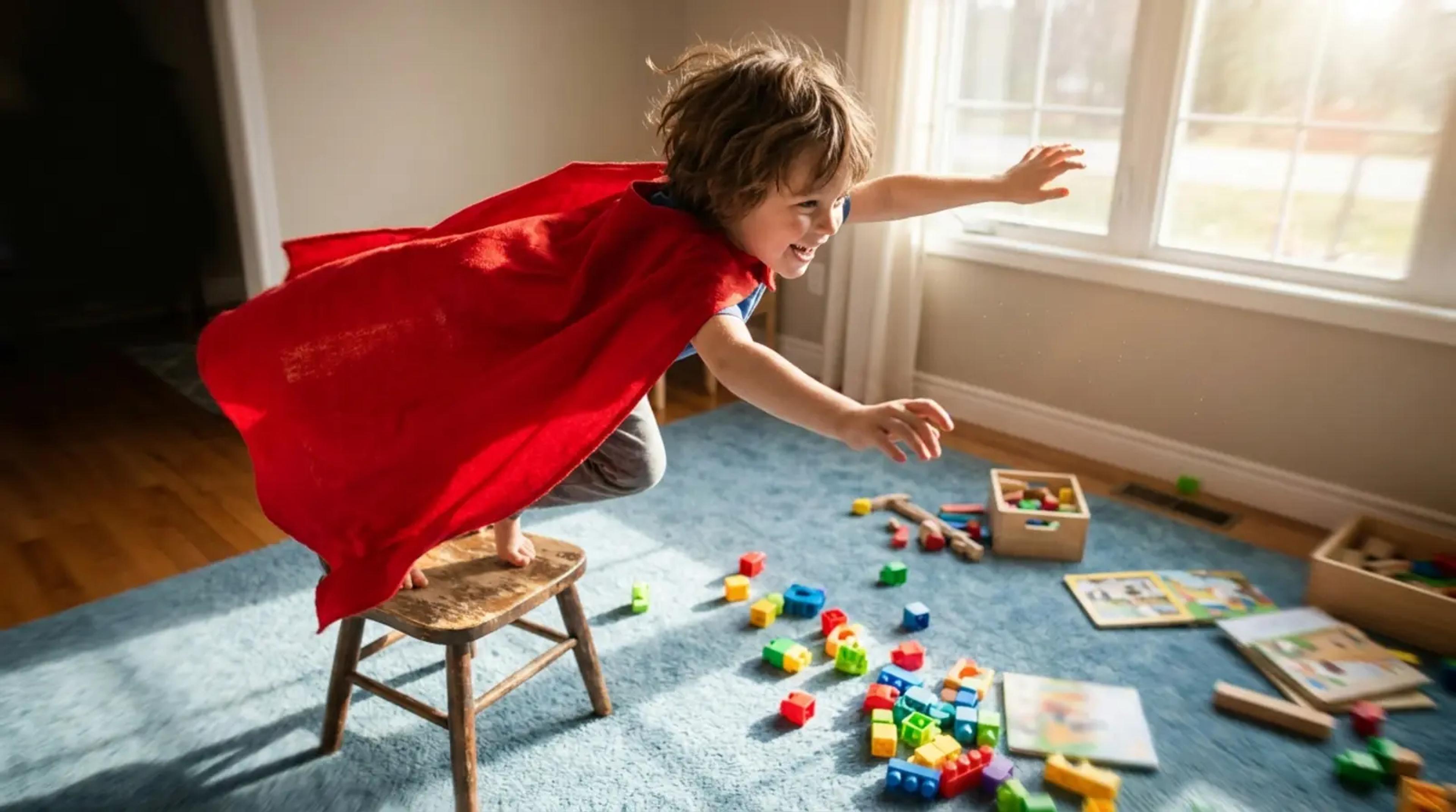 A young child in a superhero cape jumping joyfully in a sunlit playroom while listening to a story.