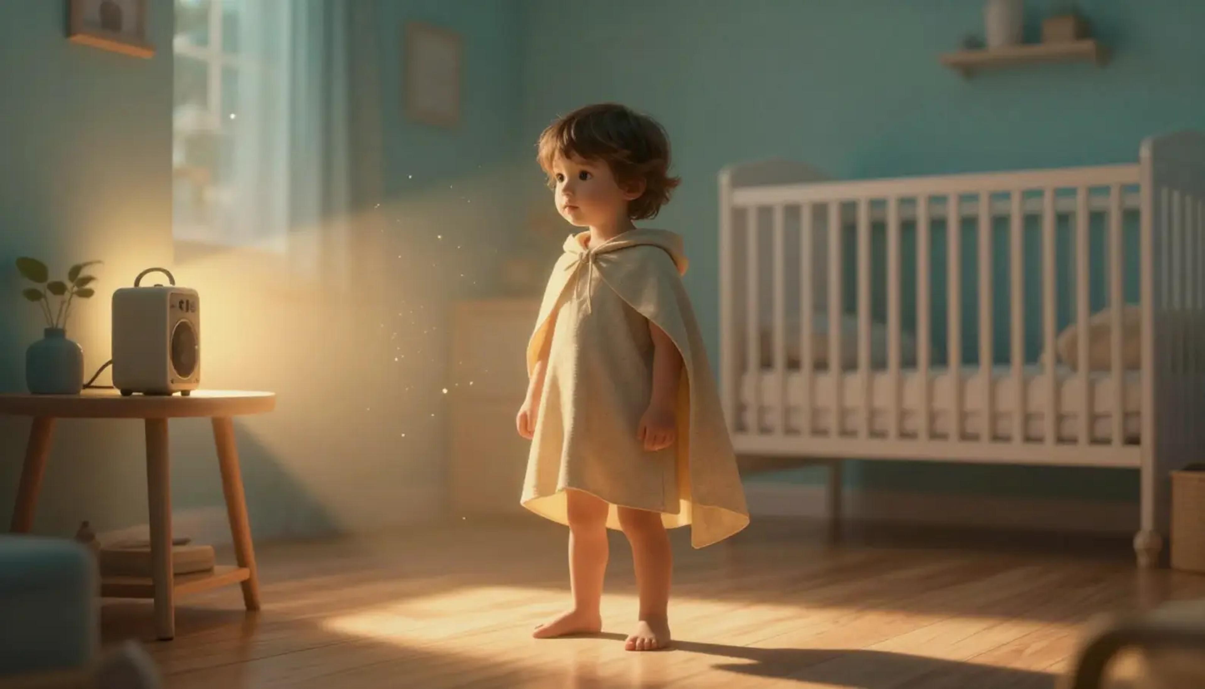 A proud toddler sitting on a bed with a stuffed animal, looking like a hero while listening to a story, with a baby crib in the soft-focus background.