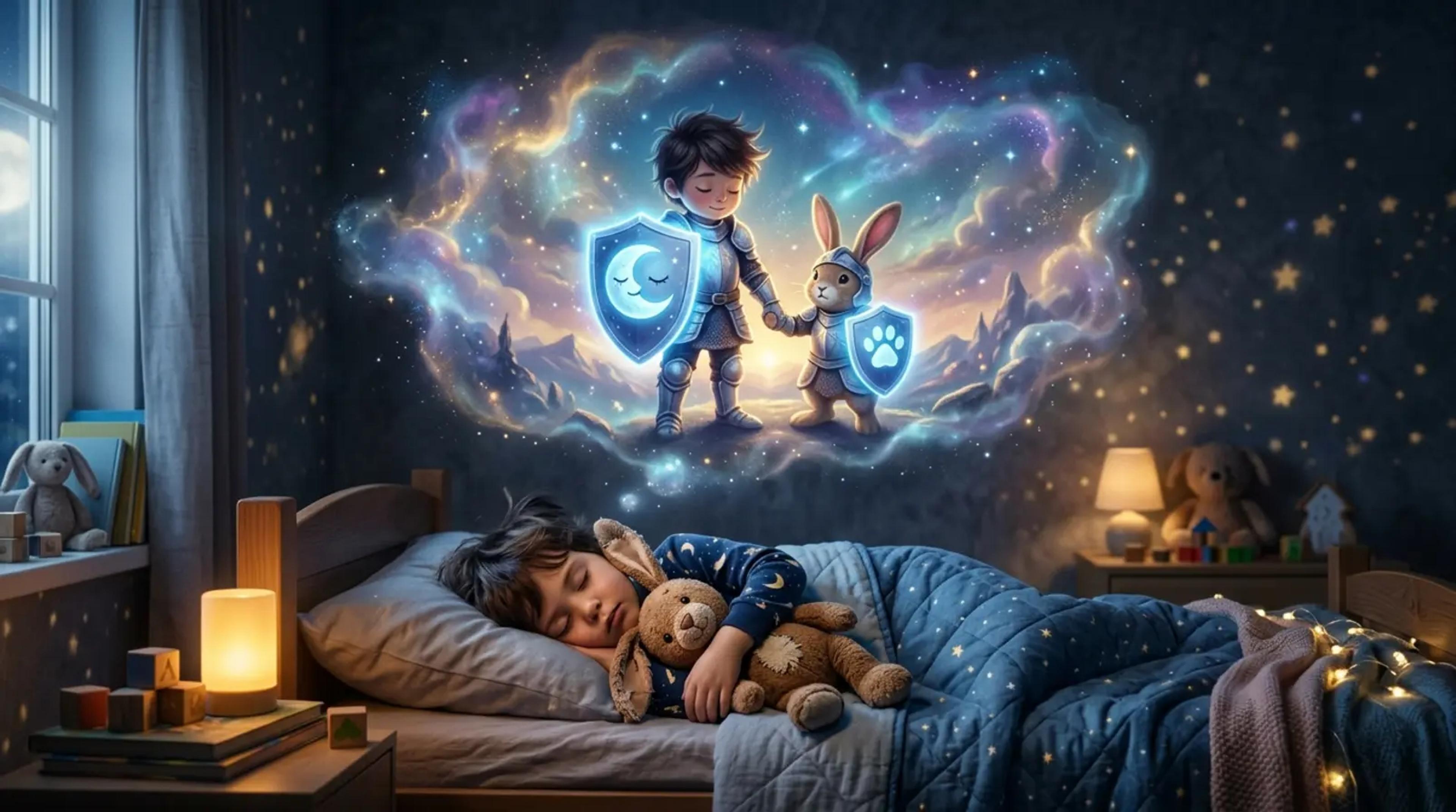 A child sleeping peacefully with a stuffed animal, with a magical glowing guardian figure appearing in a dream bubble above them.