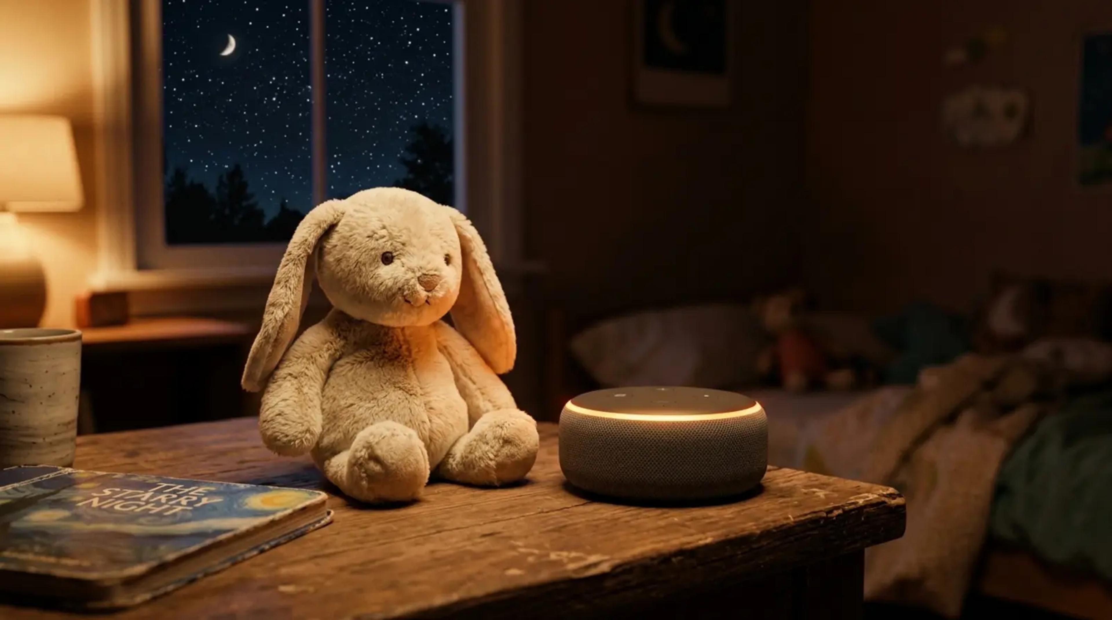 Ein gemütliches Kinderzimmer bei Nacht mit einem Plüschhasen neben einem warm leuchtenden Audiogerät, das für bildschirmfreies Geschichtenerzählen steht.