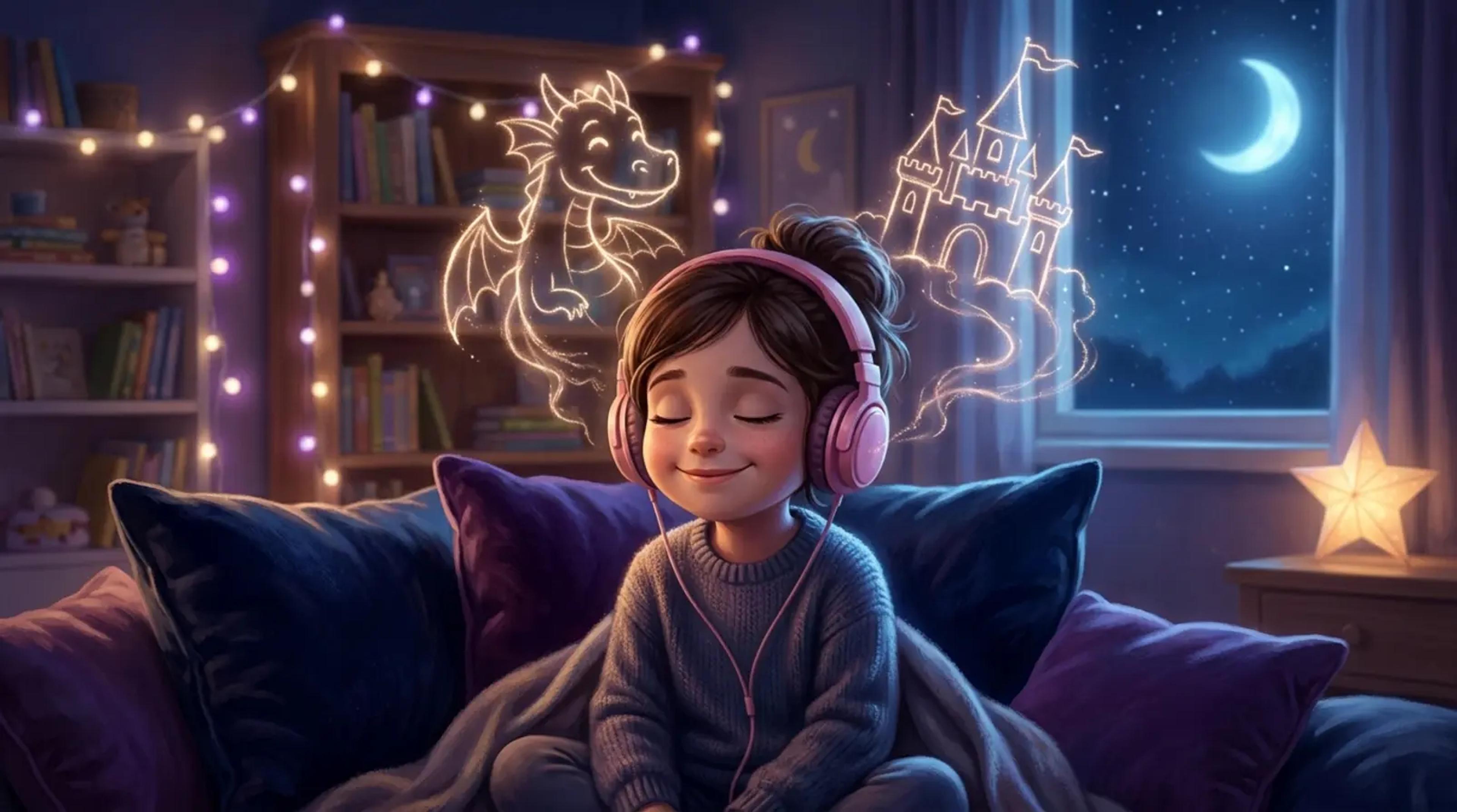 Ein kleines Kind mit Kopfhörern und geschlossenen Augen lächelt friedlich, während zarte magische Funken und Märchenfiguren in der Luft um es herum schweben.
