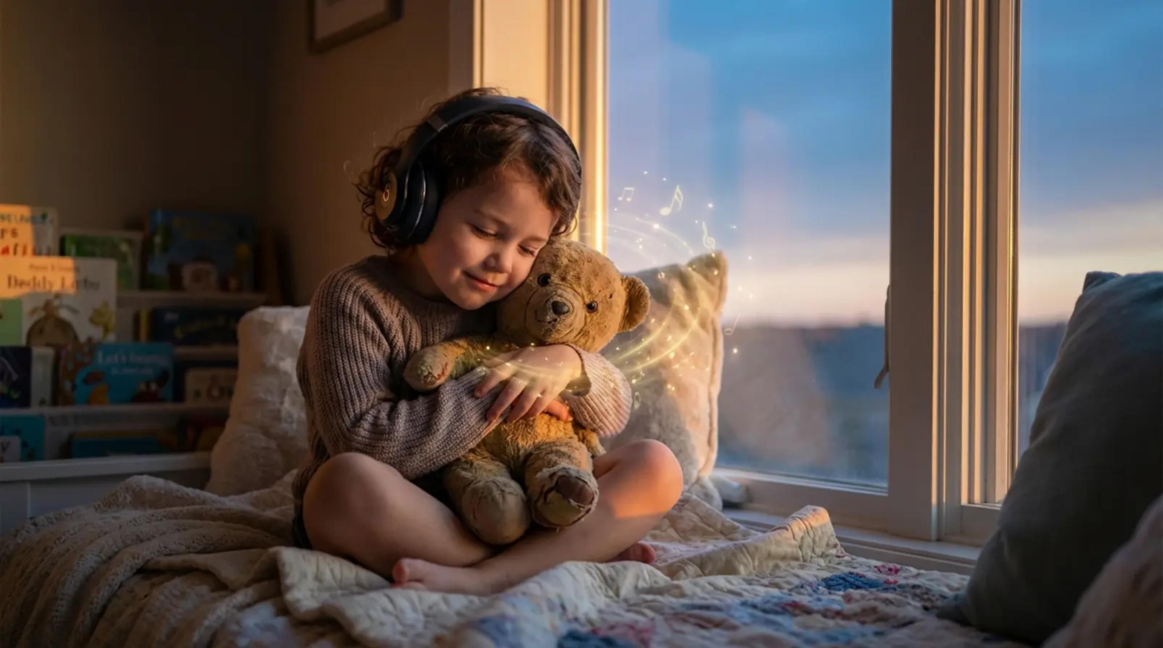 A young child wearing headphones and hugging a teddy bear in a cozy bedroom nook. A subtle magical glow surrounds the bear, symbolizing how personalized audio stories turn toys into 'Proxy Heroes' for emotional support.