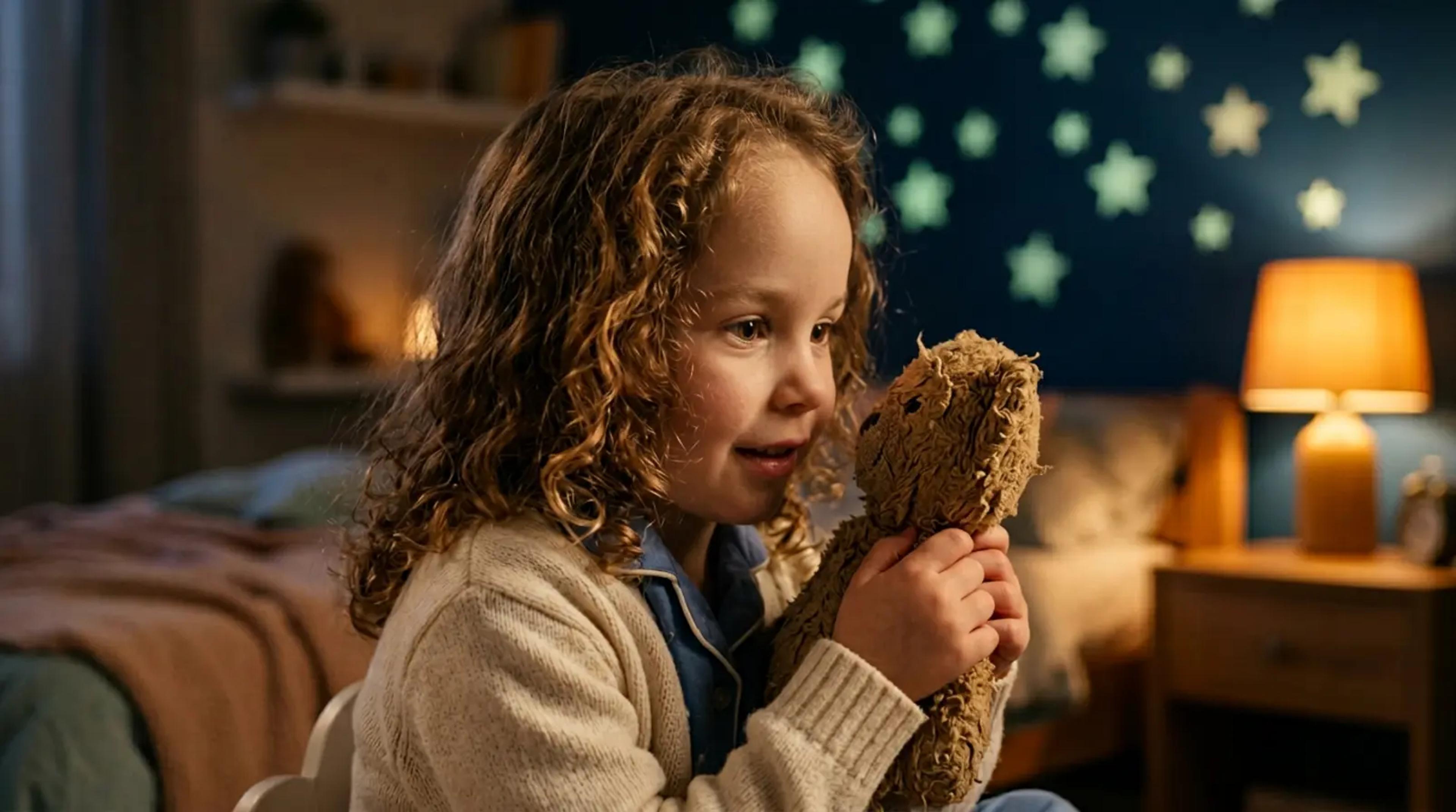 A young child listening intently to a story with a look of wonder, holding a favorite toy.