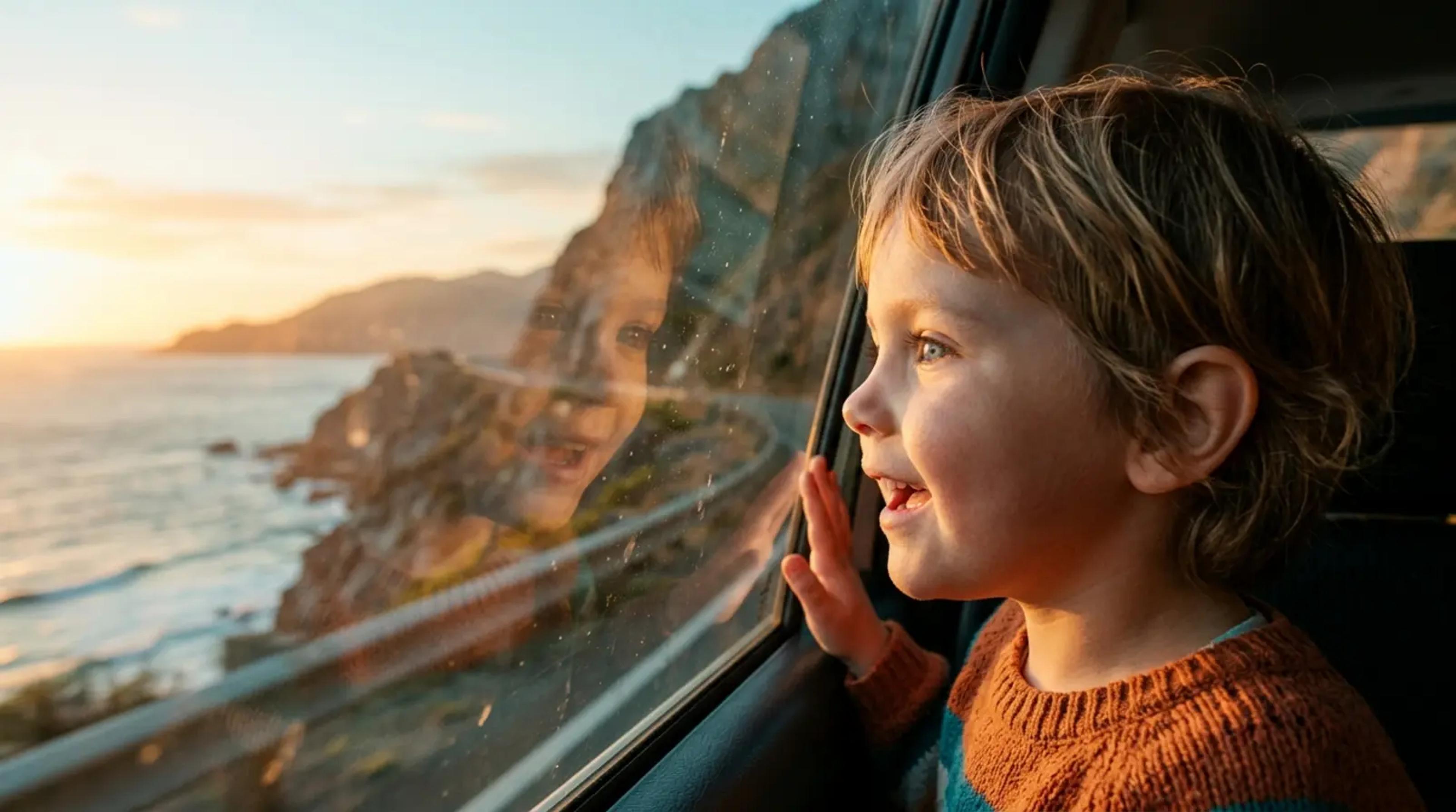 A young child looking out a car window at the horizon with a look of wonder, reflecting the landscape in the glass.