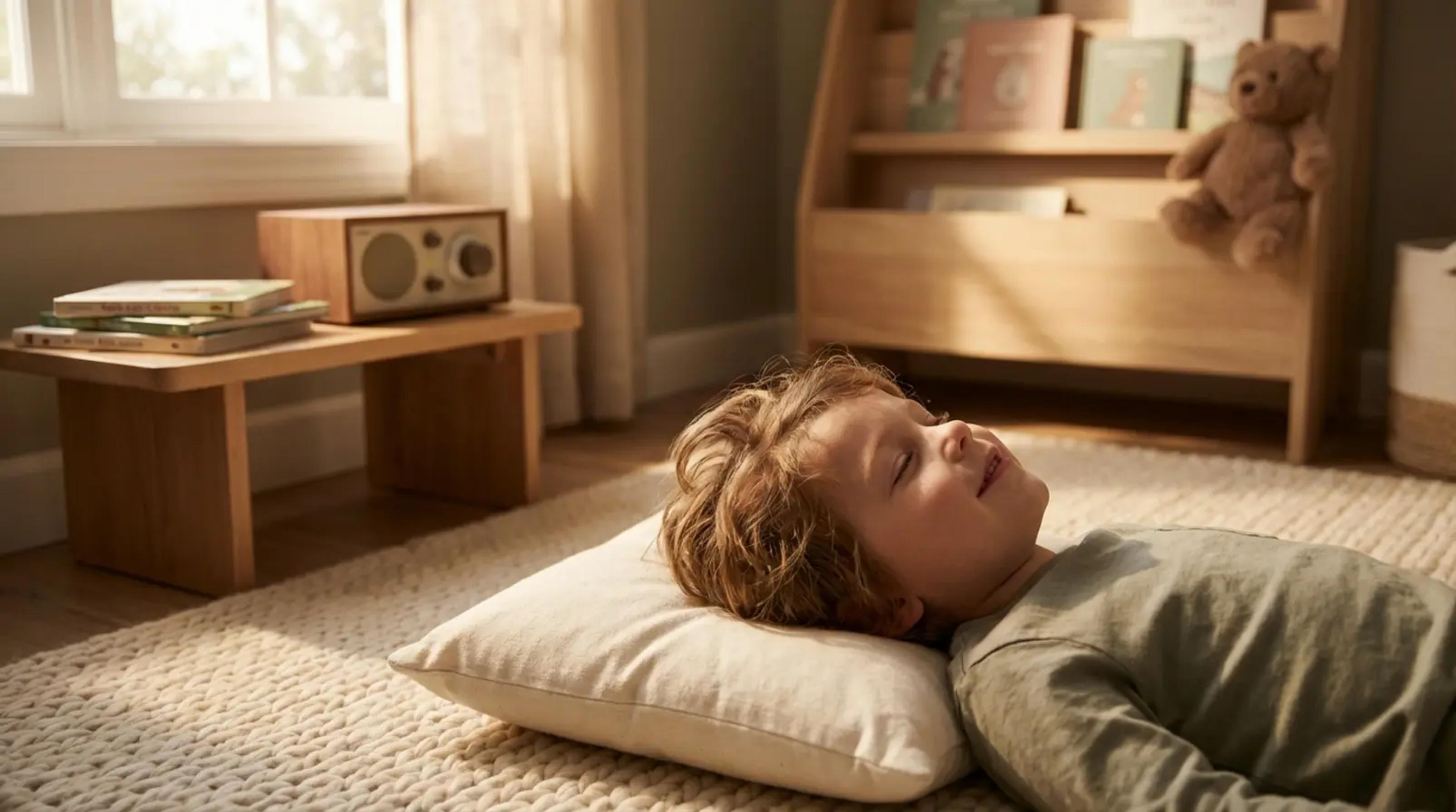 A young child resting peacefully on a soft rug in a sunlit bedroom, listening to a screen-free audio story during Quiet Time.