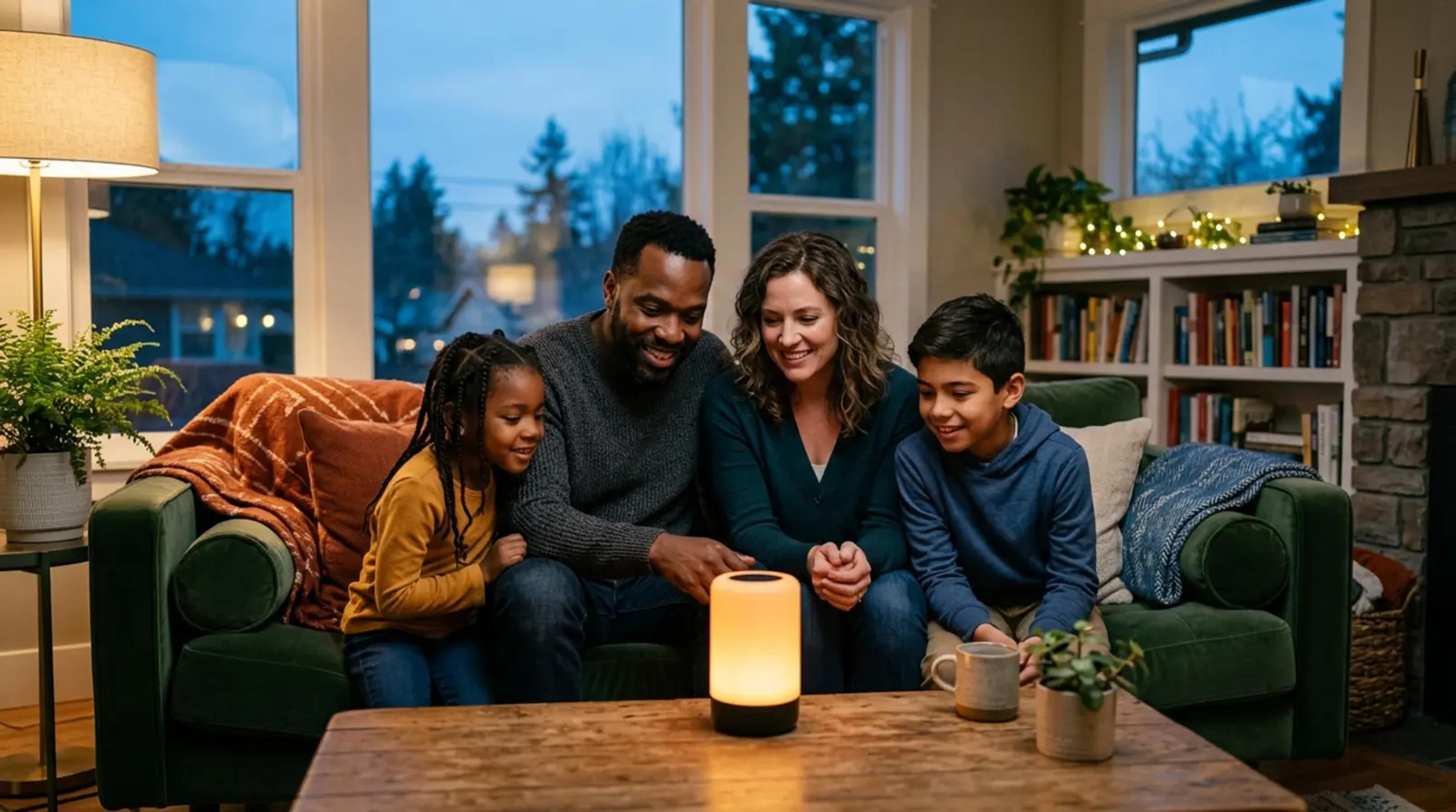 Eine Patchwork-Familie sitzt gemeinsam in einem gemütlichen Wohnzimmer und hört aufmerksam einem leuchtenden Audiogerät zu.