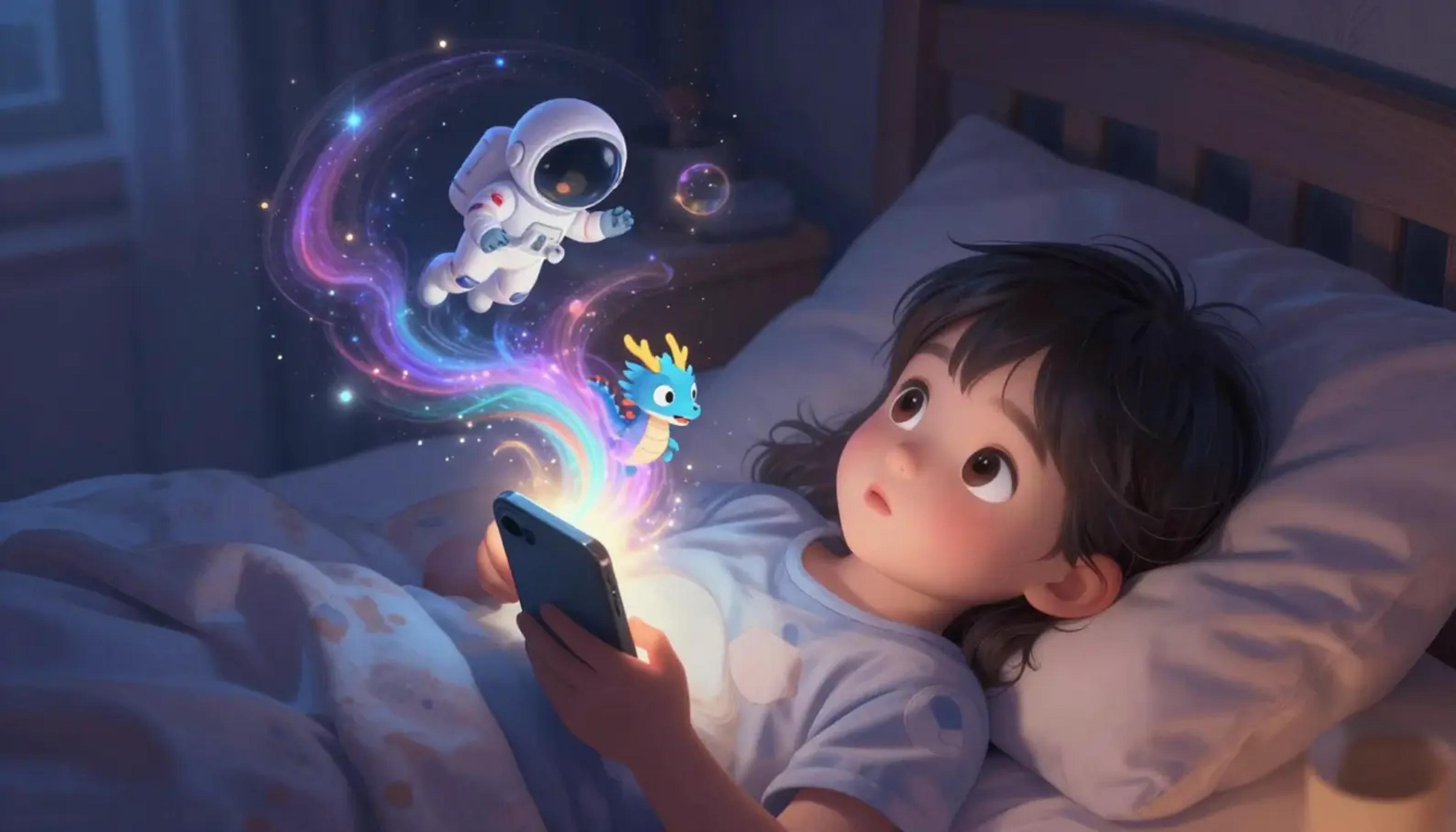 A child listening intently to a story with magical elements floating in the air, symbolizing personalized imagination.