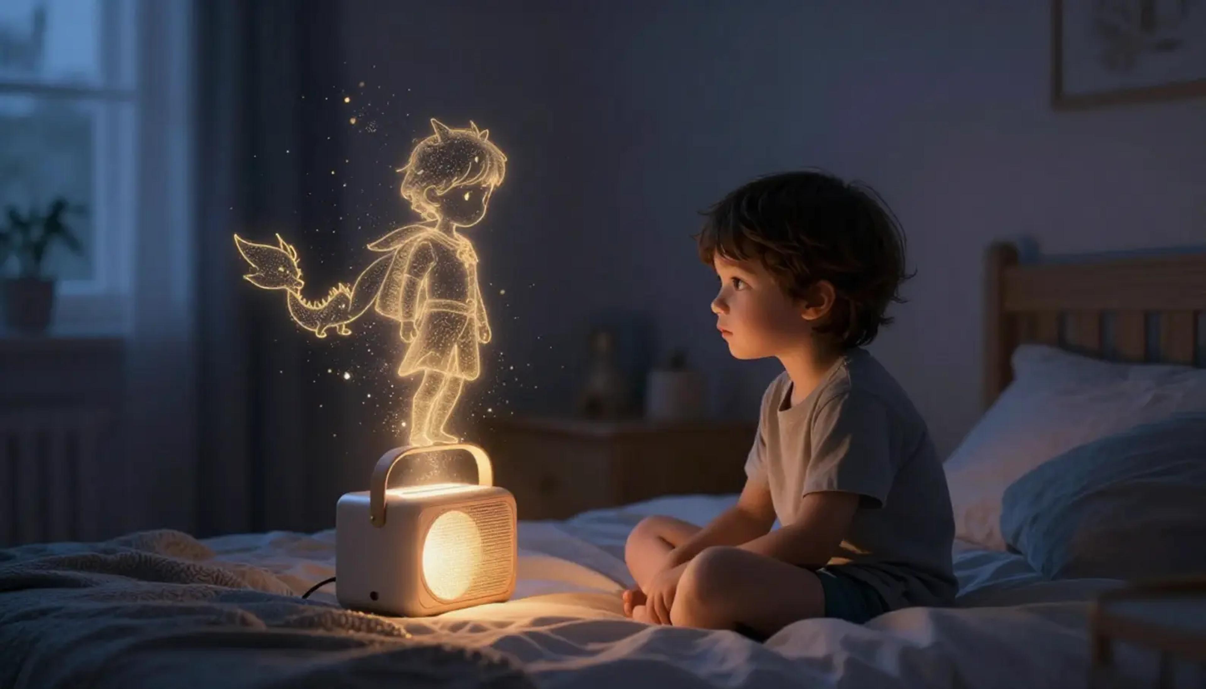 A child peacefully listening to an audio story in a cozy, dimly lit bedroom with magical illustrations floating in the air.