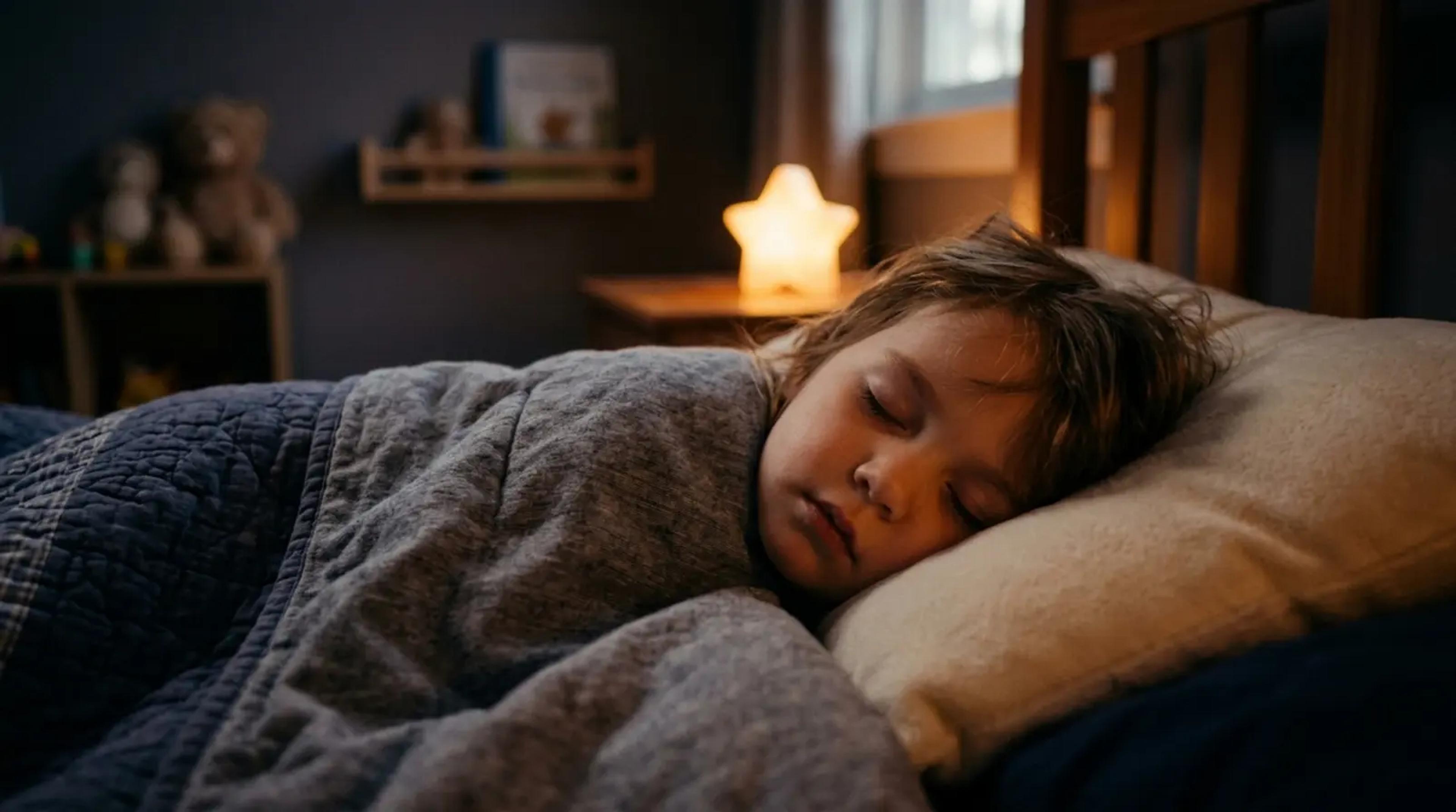 A child sleeping peacefully in a dark room with a soft warm glow, representing healthy sleep hygiene.