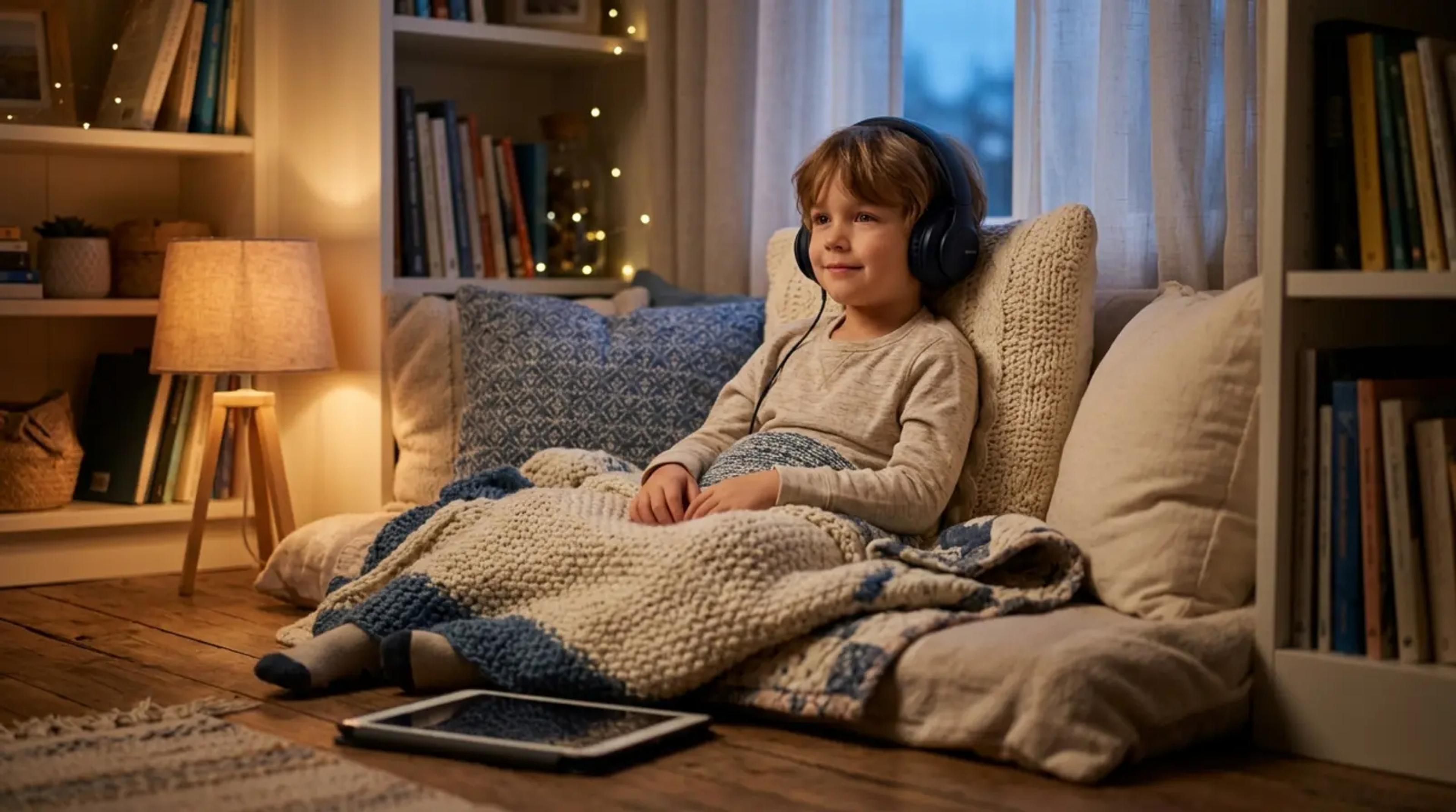 A child sitting peacefully in a cozy nook with headphones, looking thoughtful and calm while a tablet lies face down nearby.