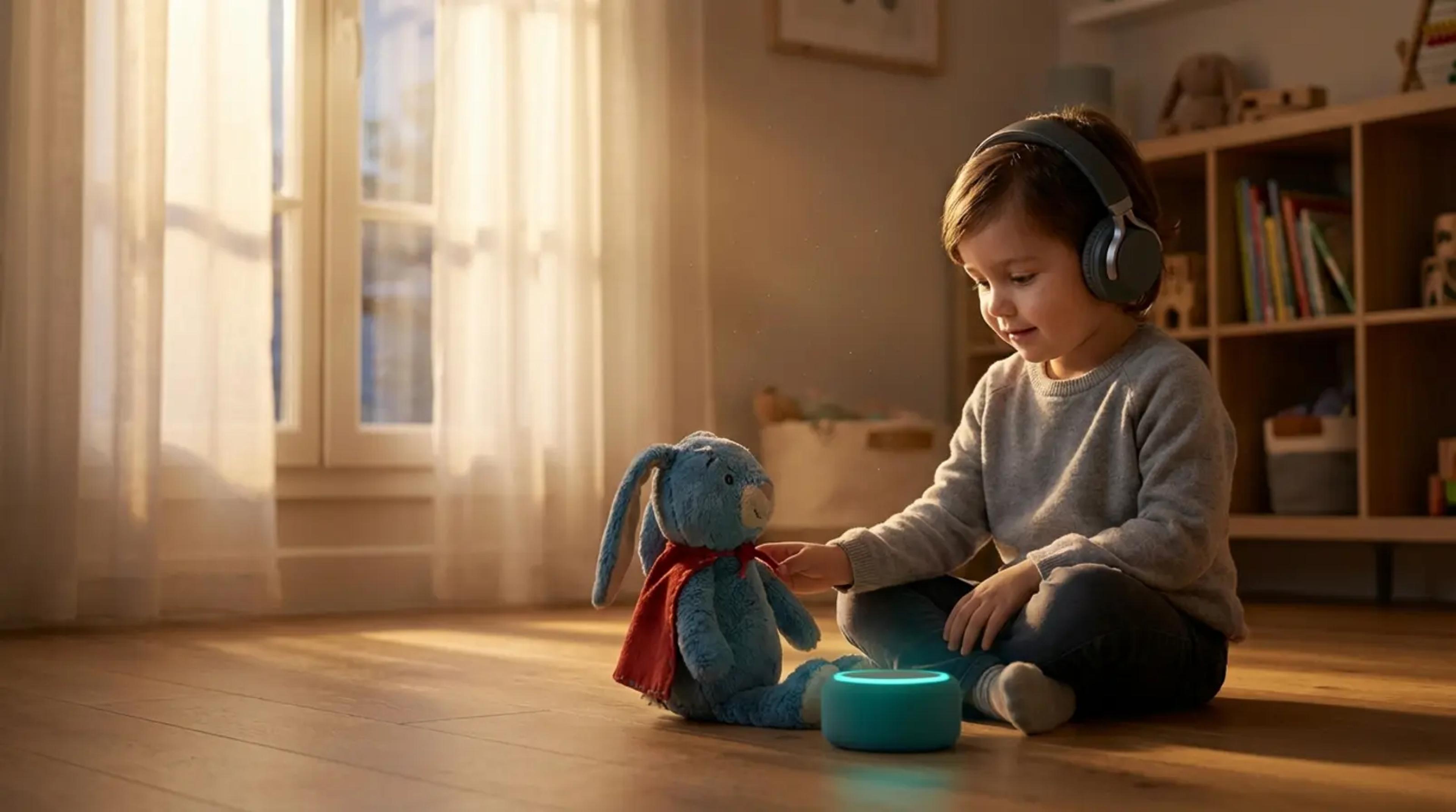 A young child sitting in a cozy, sunlit bedroom, listening intently through headphones next to a blue plush rabbit toy. A soft, magical glow emanates from an audio device, symbolizing the Hero Reflection method of storytelling.