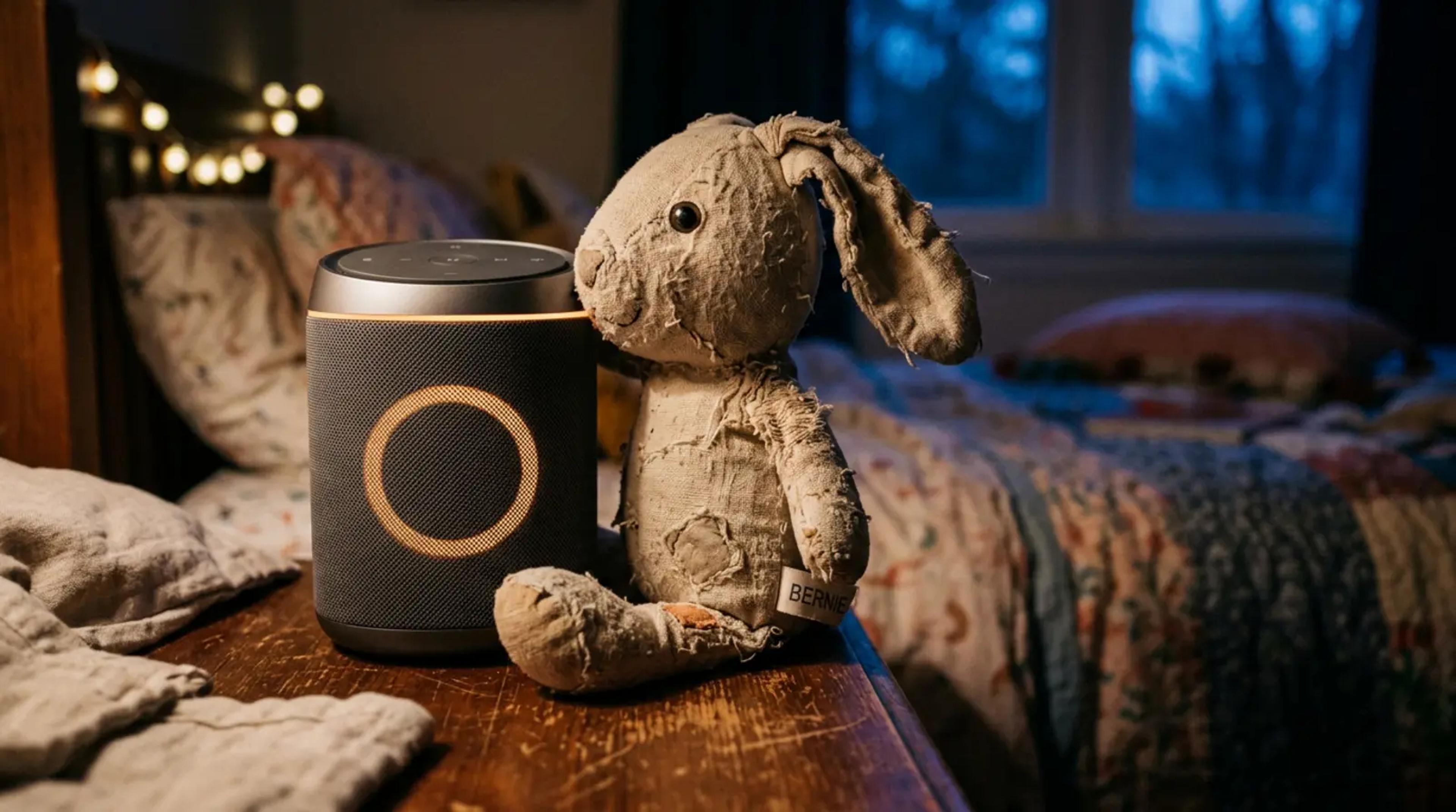 A worn teddy bear sitting next to a glowing audio device in a dimly lit, cozy child's bedroom.