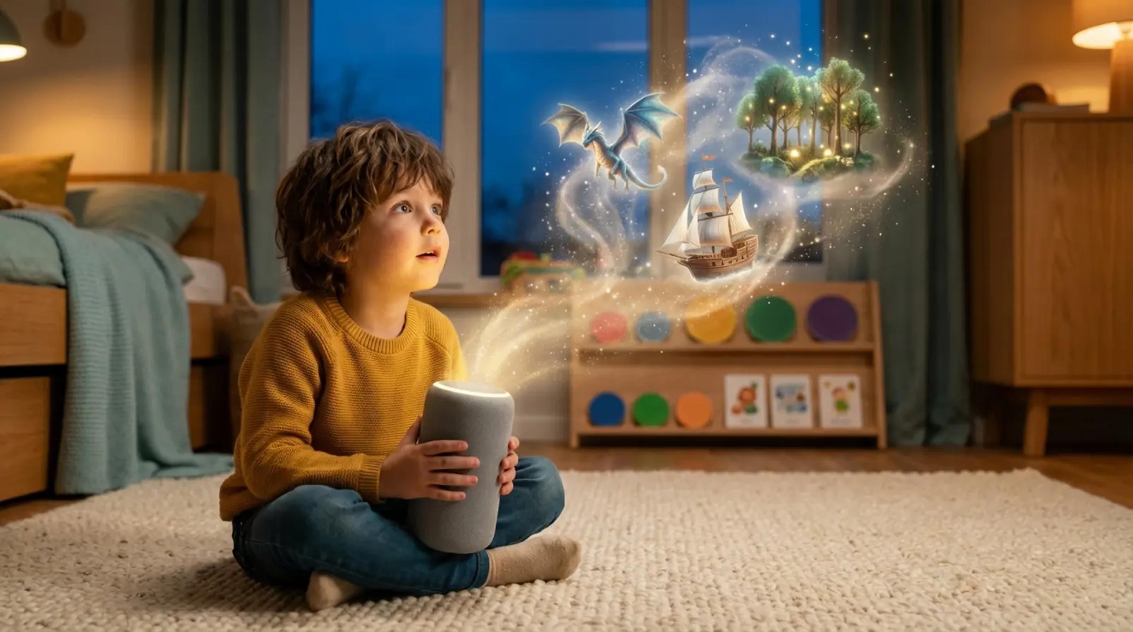 A young child sitting in a cozy, modern playroom, looking with wonder at a screen-free storyteller device that emits a magical golden glow with silhouettes of story characters, representing the shift from physical discs to personalized AI audio.