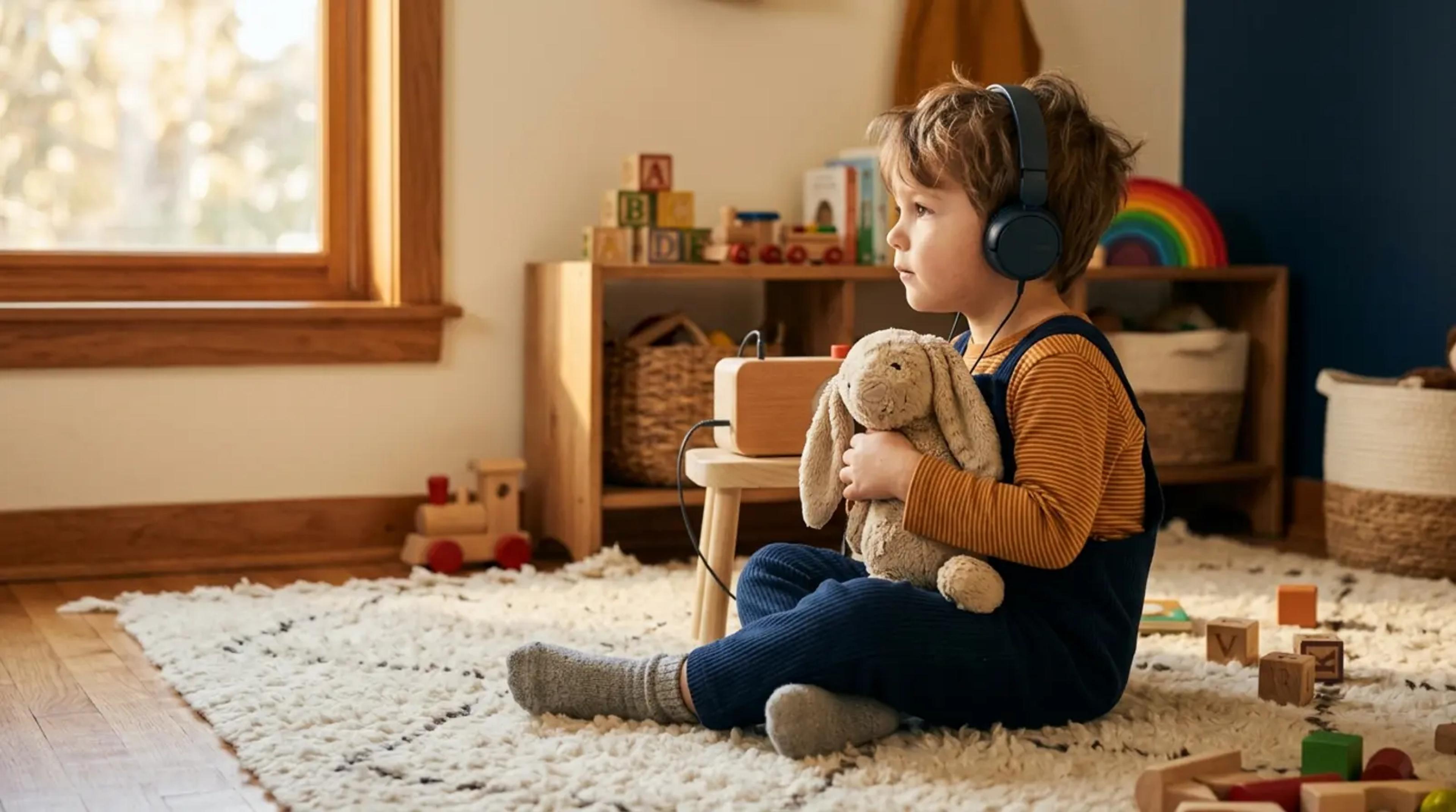 A young child sitting comfortably in a dimly lit room, holding a stuffed animal and listening intently to an audio story, symbolizing an identity anchor.